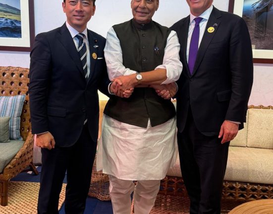 Rajnath Singh meeting Japanese and Australian counterparts in Philippines during ADMM Plus summit.